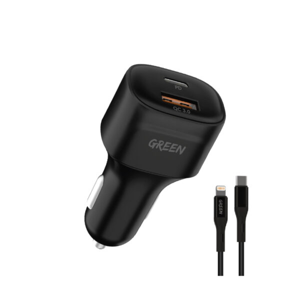 GREEN LION (Dual Port Car Charger) PD + QC3.0 20W WITH PVC TYP-C TO LIGHTNING CABLE 1.2m