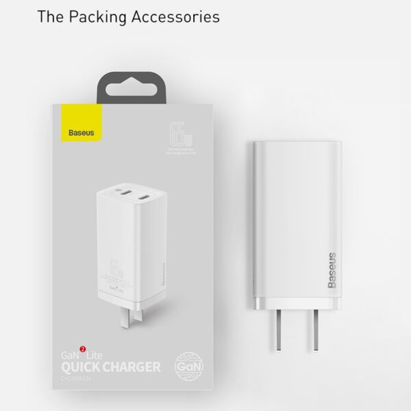 Baseus GaN2 Lite Quick Charger C+U 65W CN 2 Pin  White.